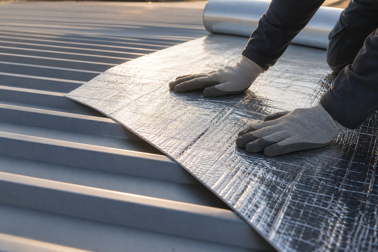 A worker applying a silver foil roof membrane to a corrugated steel industrial roof