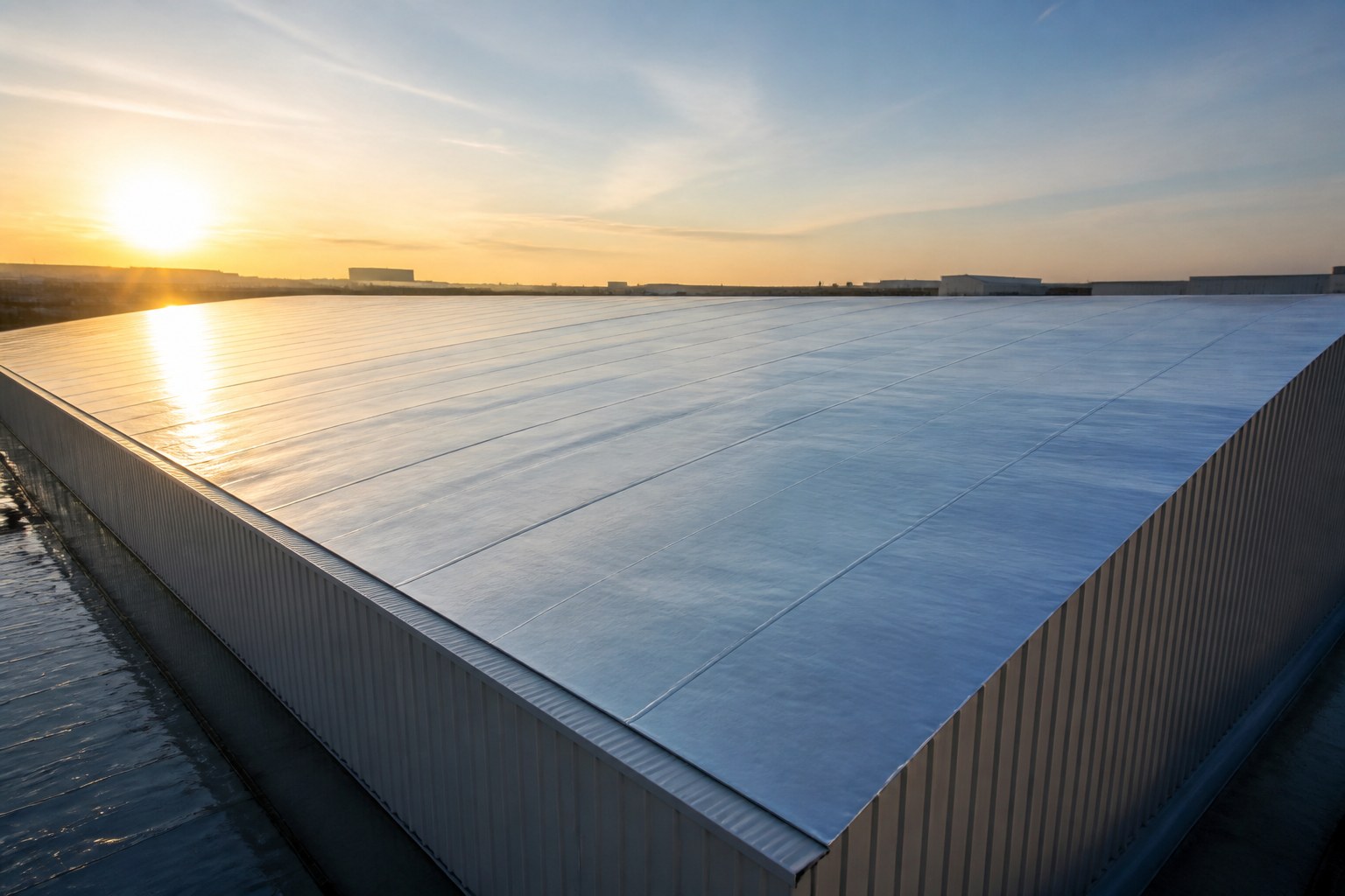 A large industrial metal roof freshly finished in a gleaming silver membrane