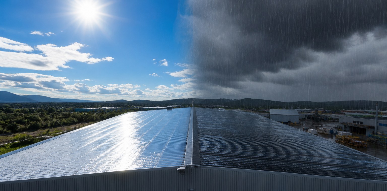 An industrial roof under both bright sun and stormy rain