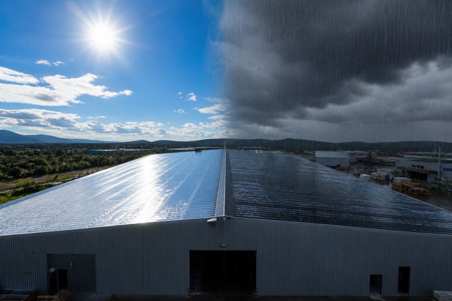 A large industrial roof under both bright sun and heavy rain